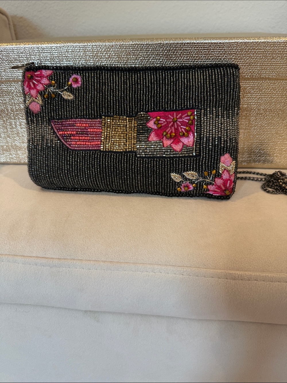 Mary Frances Beaded Lipstick Phone Crossbody Bag Black Floral Hand-Beaded